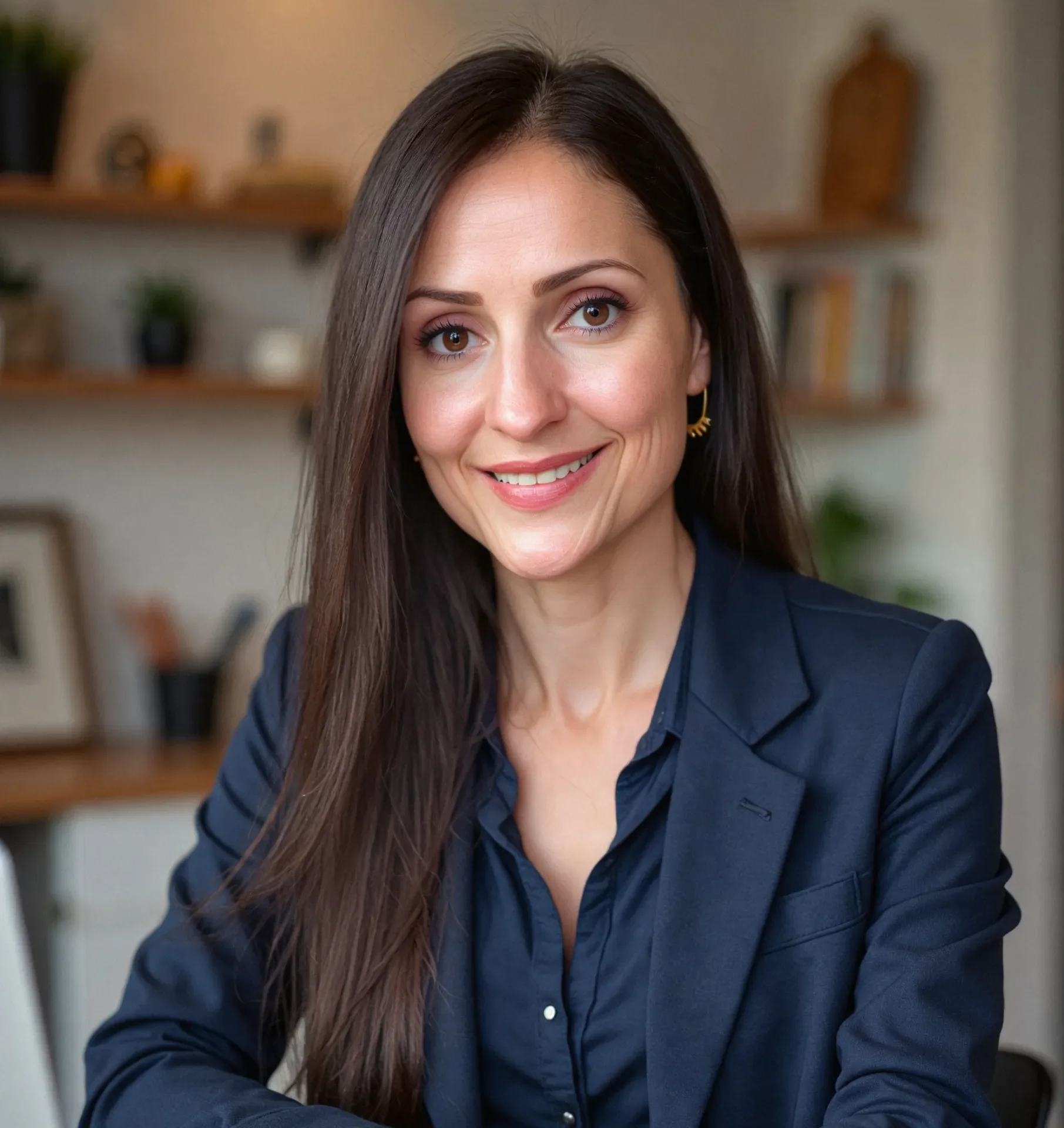A woman with long brown hair and brown eyes smiling in a professional setting, wearing a navy blazer and earrings, with a blurred background of shelves and plants.