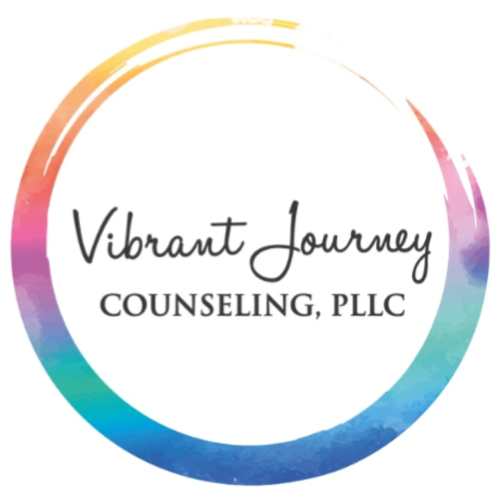Logo for Vibrant Journey Counseling, PLLC, featuring a colorful watercolor circle with the business name in black and gray text.