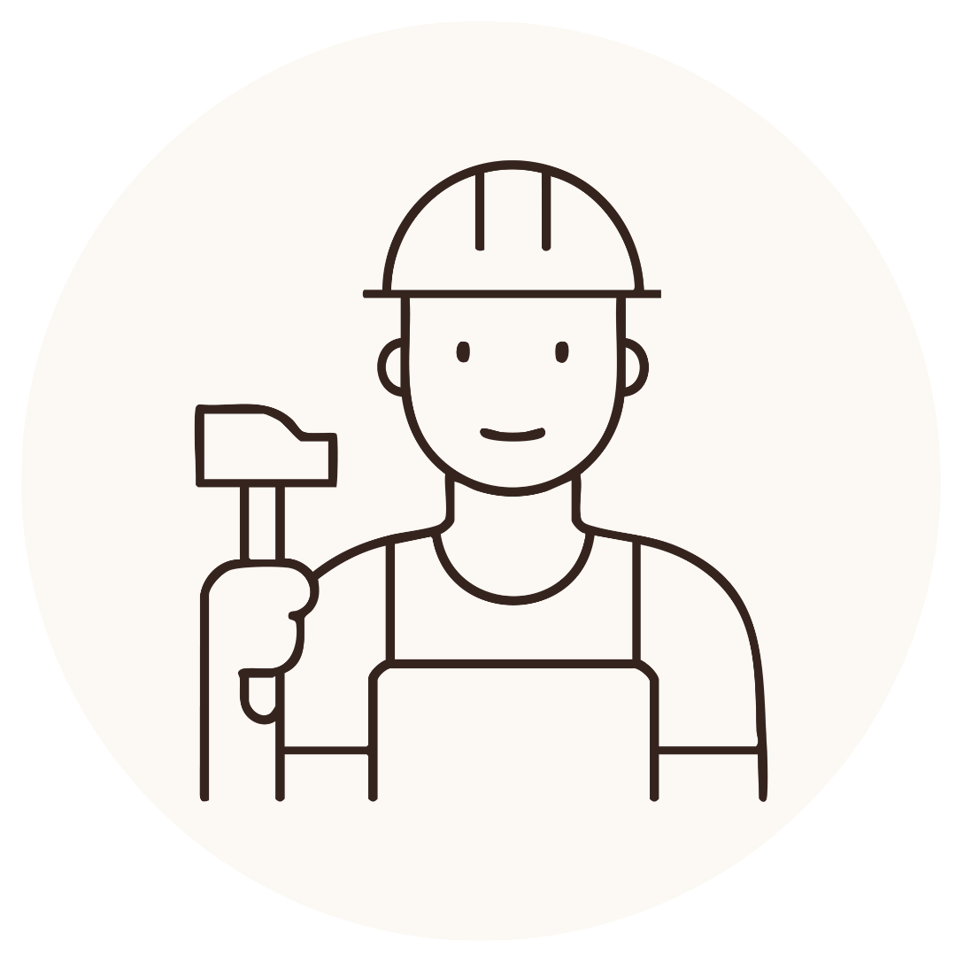 Illustration d'un ouvrier portant un casque de sécurité, une chemise ou un t-shirt, tenant un marteau.