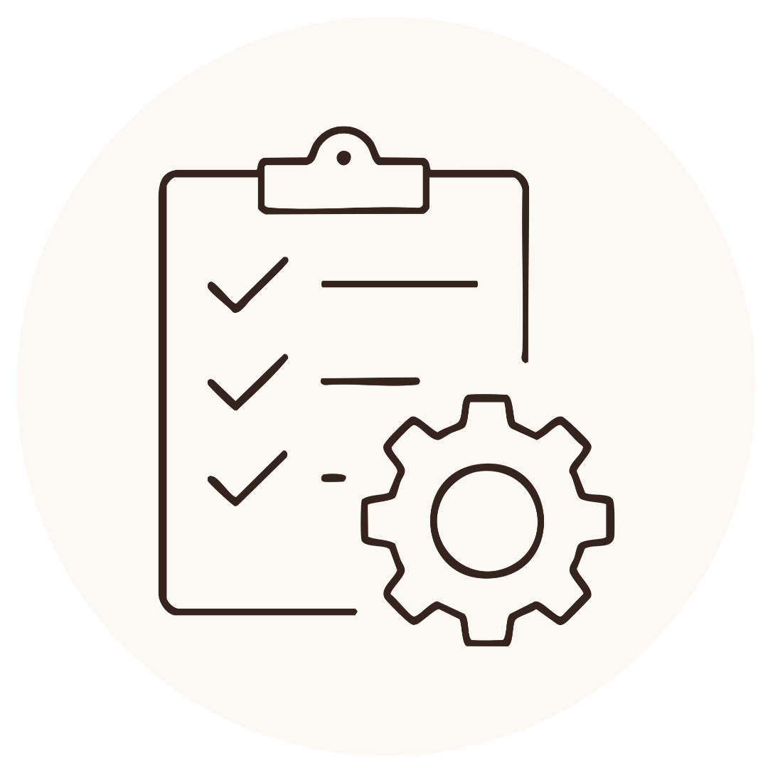 Icône représentant une checklist avec une roue dentée, symbole de gestion ou de paramètres.