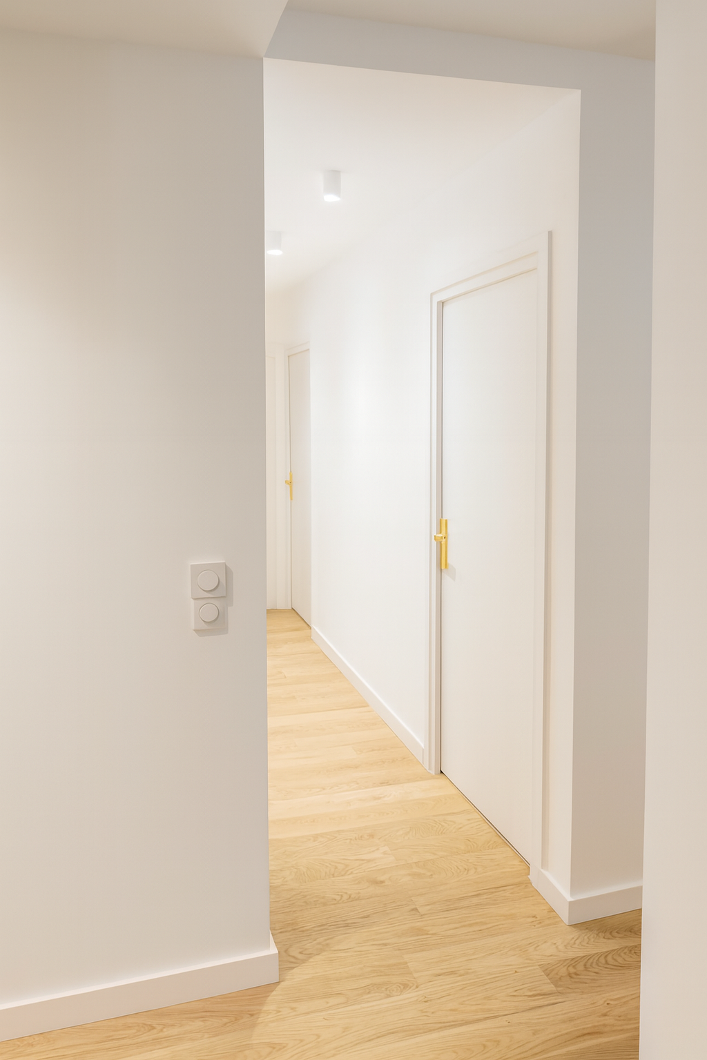 Un couloir dans une maison avec murs et portes blancs, sol en bois clair et plafonds avec luminaires encastrés.