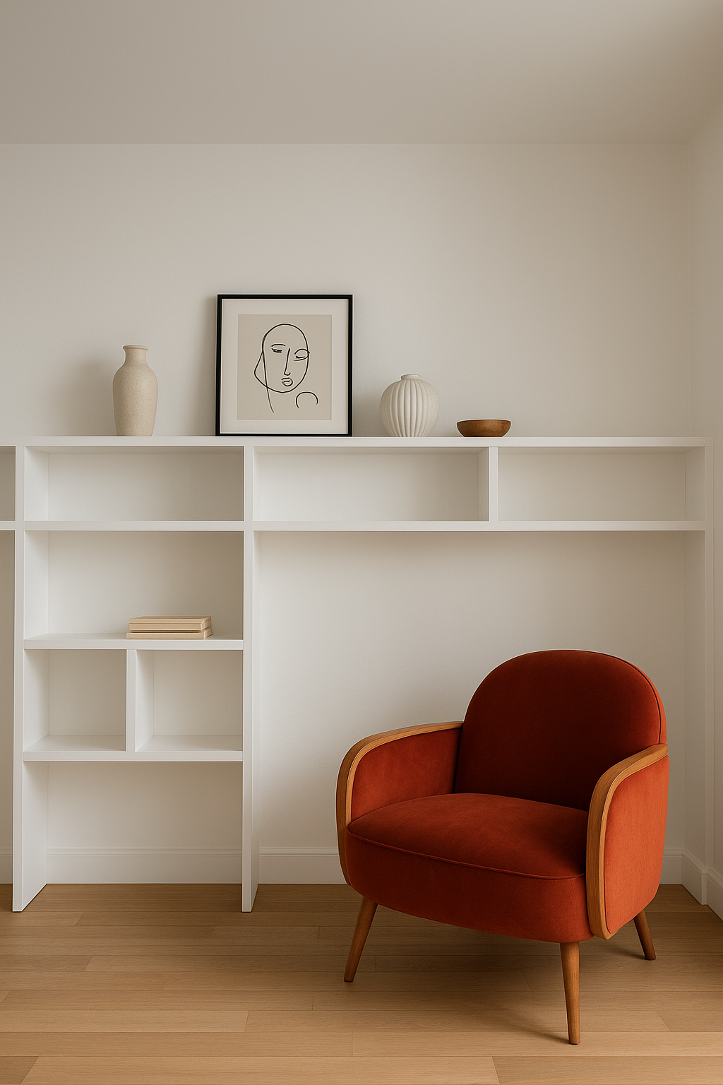 Coin salon avec une chaise orange, étagère blanche et décor minimaliste, tableau abstrait noir et blanc, vases et un bol sur l'étagère, sol en bois naturel.