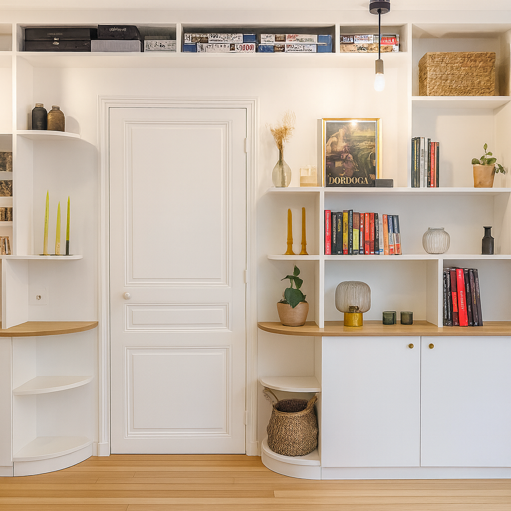 Une étagère blanche avec des livres, des vases, des plantes et des décorations, situé au-dessus d'une armoire blanche, dans une pièce bien éclairée.