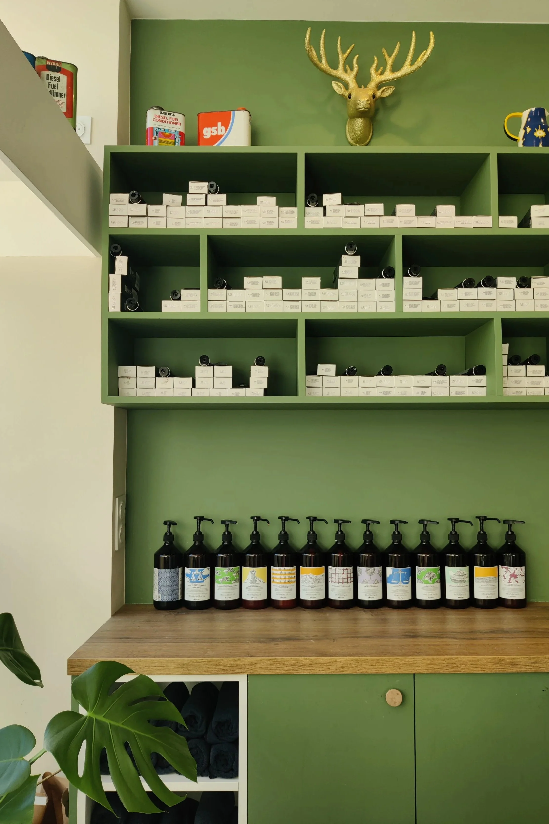 Étagère verte avec de nombreux flacons blancs et noirs, une table en bois avec plusieurs bouteilles dépourvues de liquides, et un mur vert avec une tête de cerf en or, une tasse bleue et jaune, et quelques boîtes en haut.