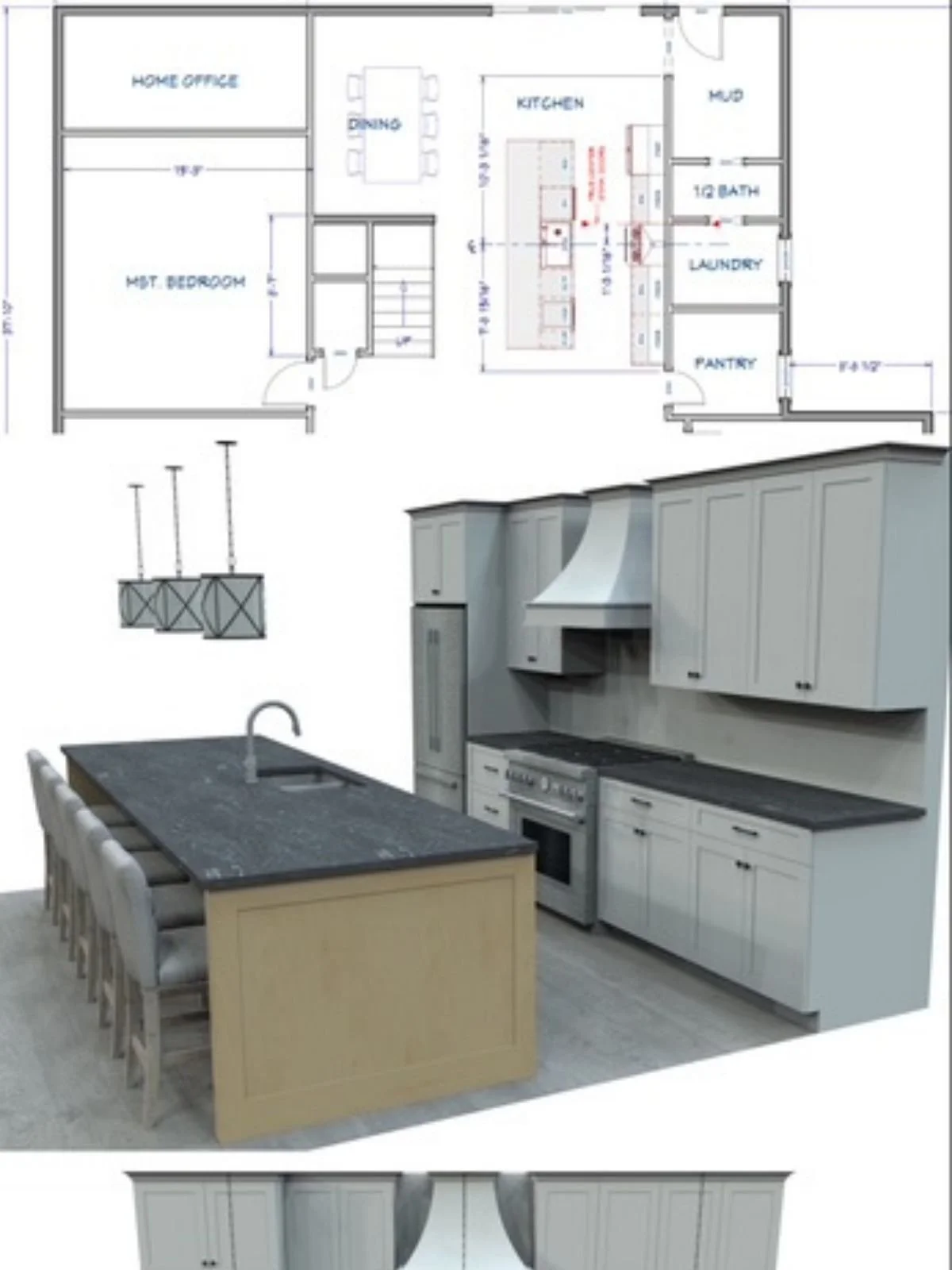 Blueprints for a home renovation sits directly over photos of the new kitchen renovation