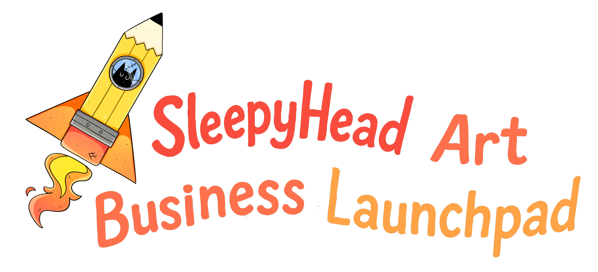A colorful logo for SleepyHead Art Business Launchpad featuring a cartoon rocket with a sleepy face, with orange flames, and stylized red, orange, and cream-colored text.
