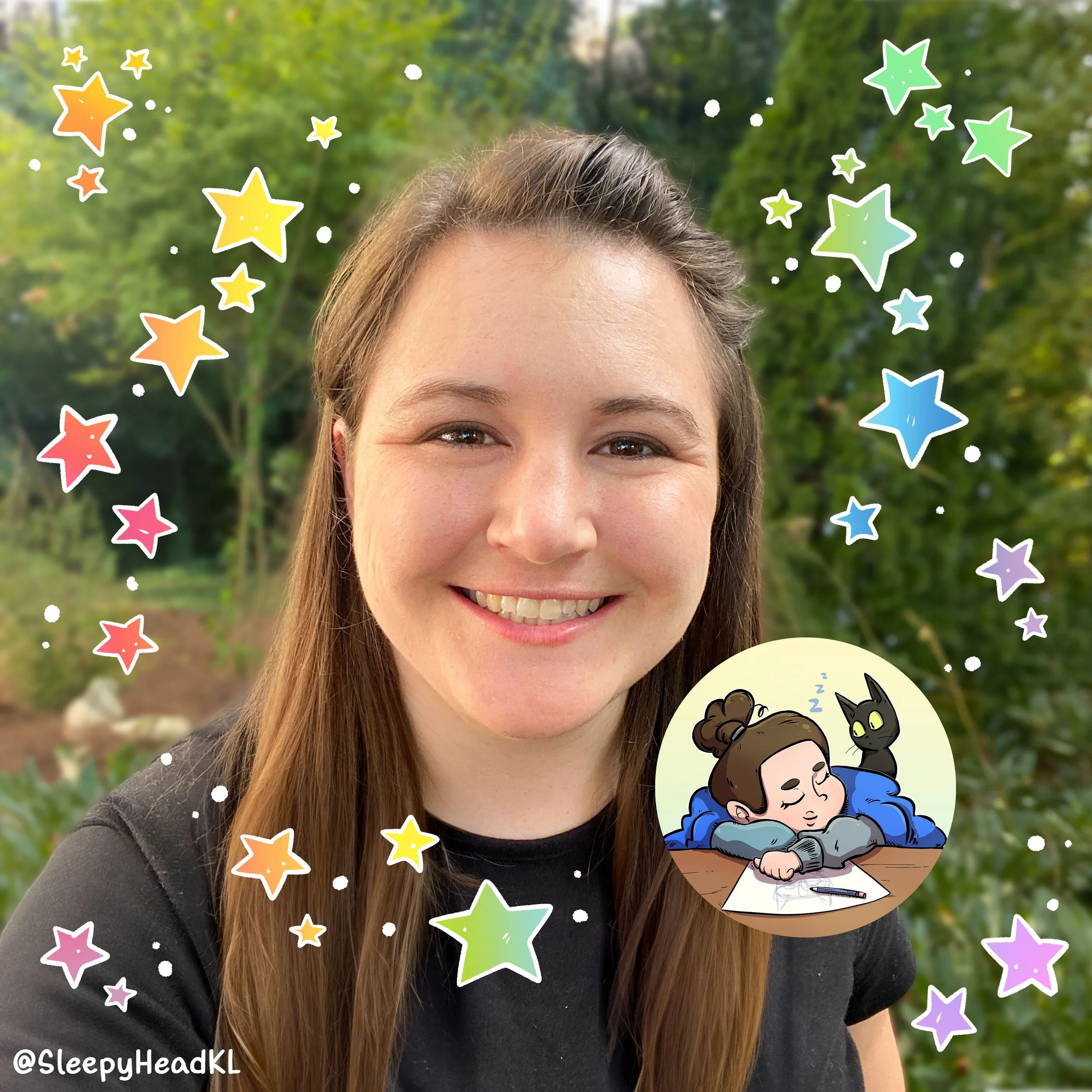 A woman smiling outdoors with a background of lush green trees, surrounded by colorful star graphics and a circular illustration of a girl sleeping at a desk with a black cat nearby.