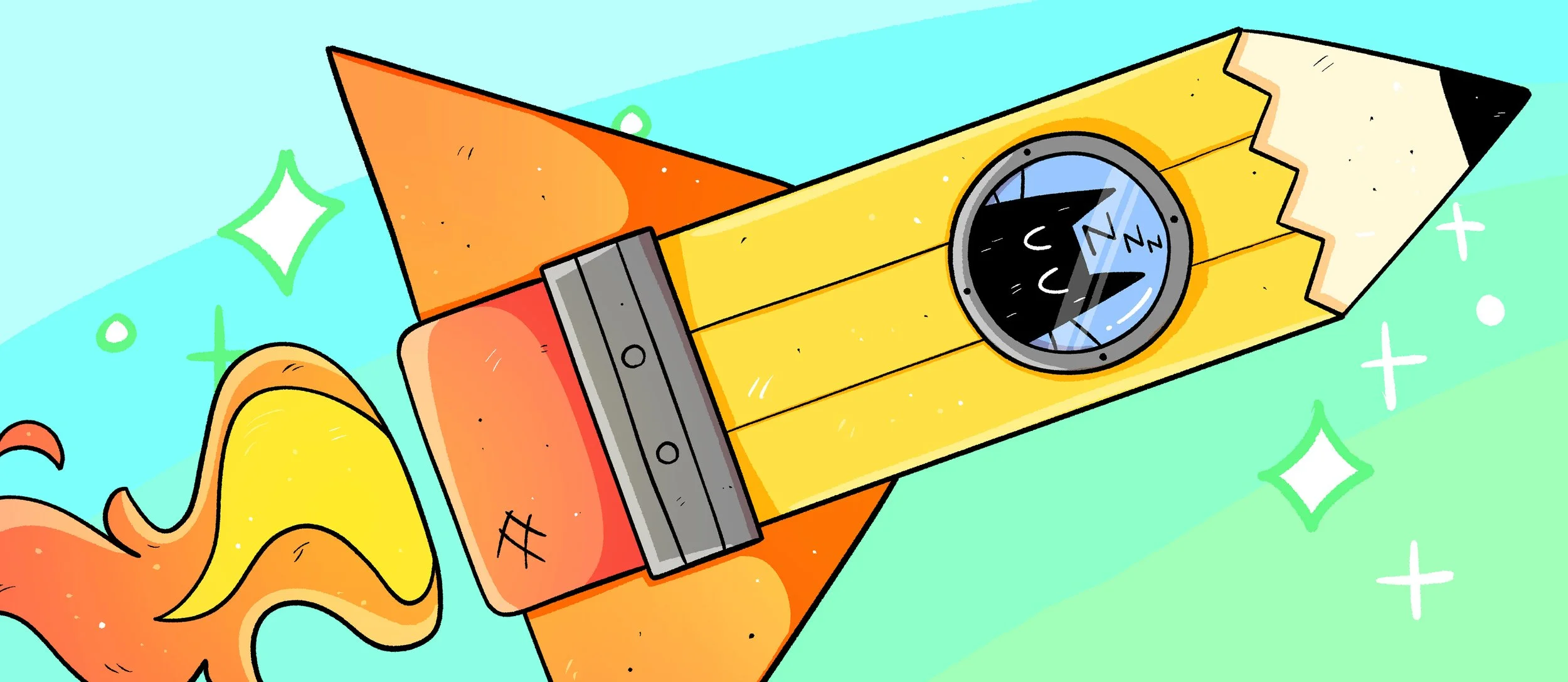 A cartoon pencil with a spaceship design on its side, featuring a smiling face in a circular window, flying through a colorful space background with stars and sparkles.