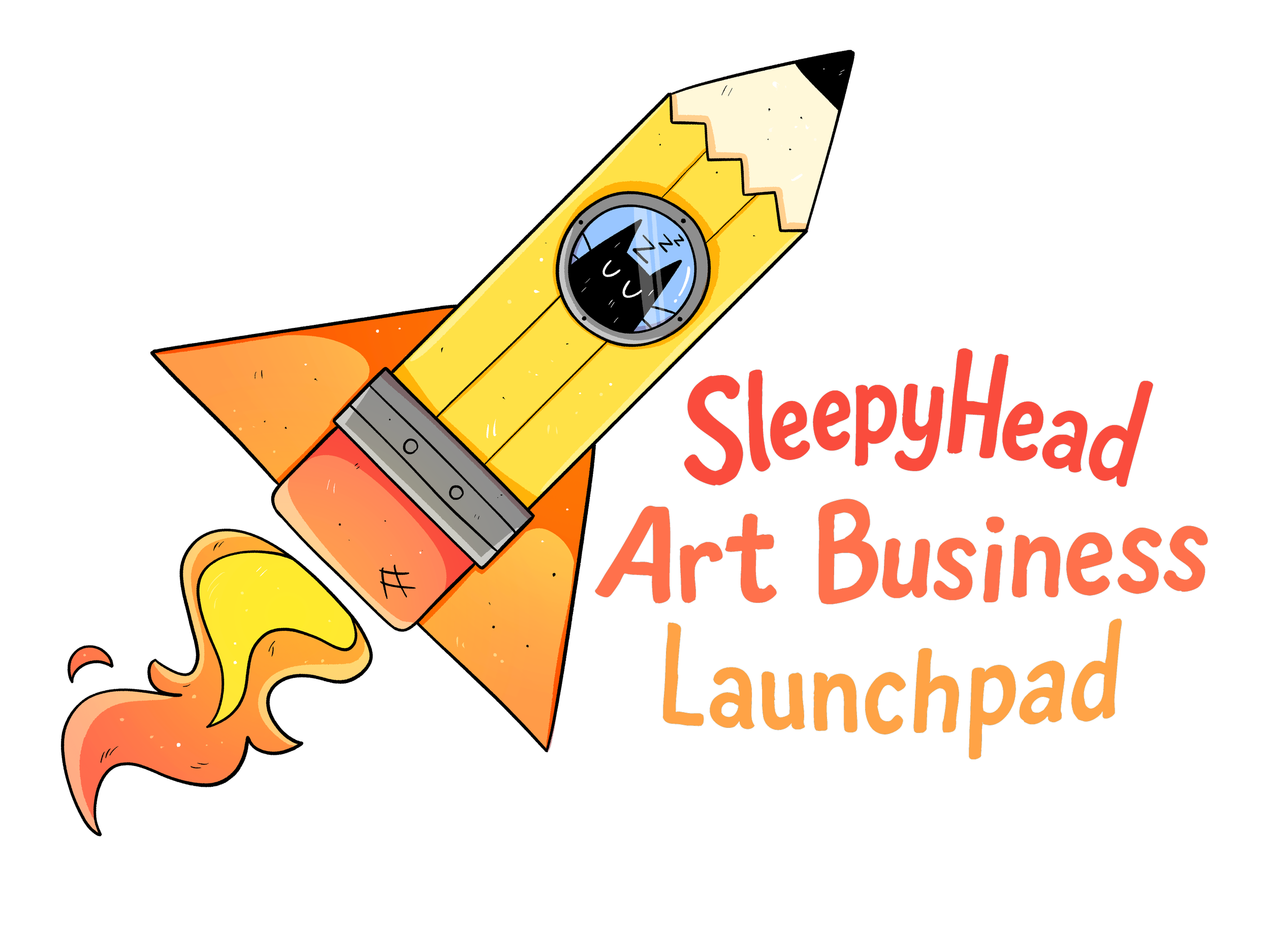 A cartoon rocket with a sleeping cat in a clock on the nosecone, next to the text 'SleepyHead Art Business Launchpad' on a black background.