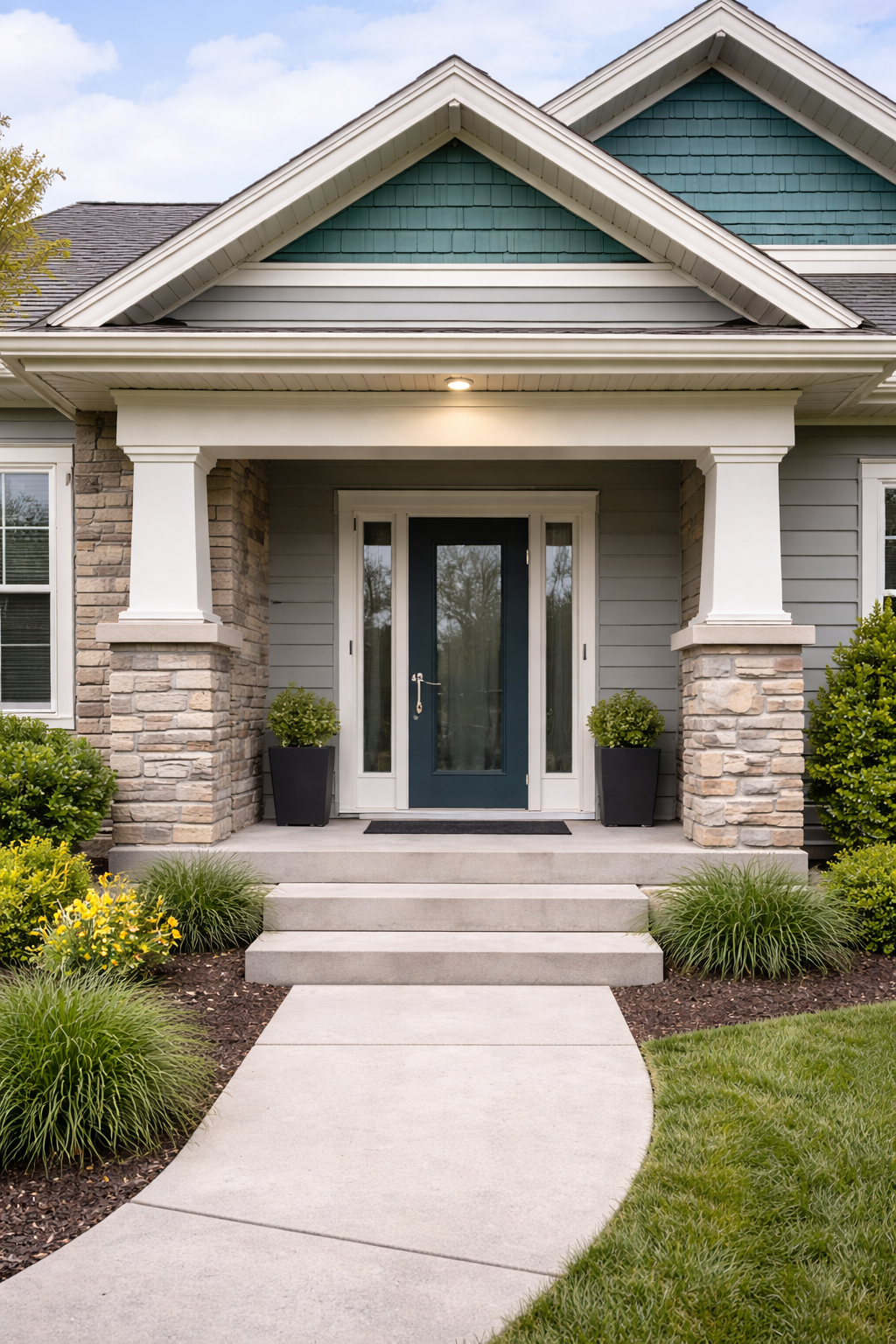 Front porch of a house with stone pillars, a blue door, potted plants, and a well-manicured lawn with yellow flowers and greenery.