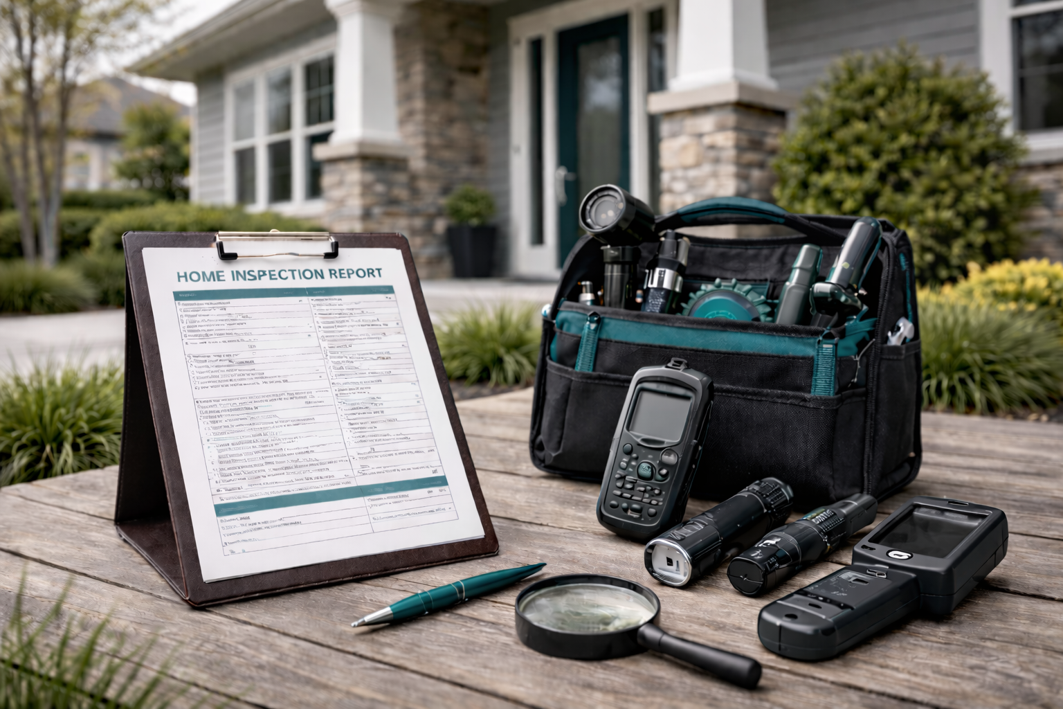 Home inspection report, toolkit with flashlight, pest spray, and thermal camera, magnifying glass, pen, and electronic devices on wooden table outside house.