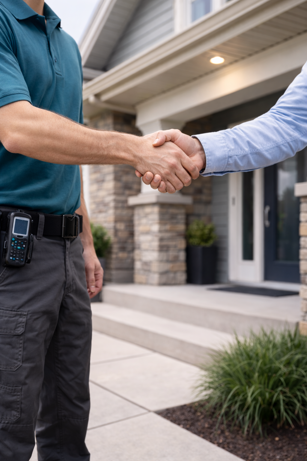 A man in a blue shirt is shaking hands with another person, likely in front of a house with a brick exterior and a porch, during daytime.