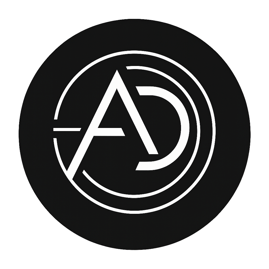 Black circular logo with white stylized letters 'A' and 'D' intertwined, surrounded by concentric circles.