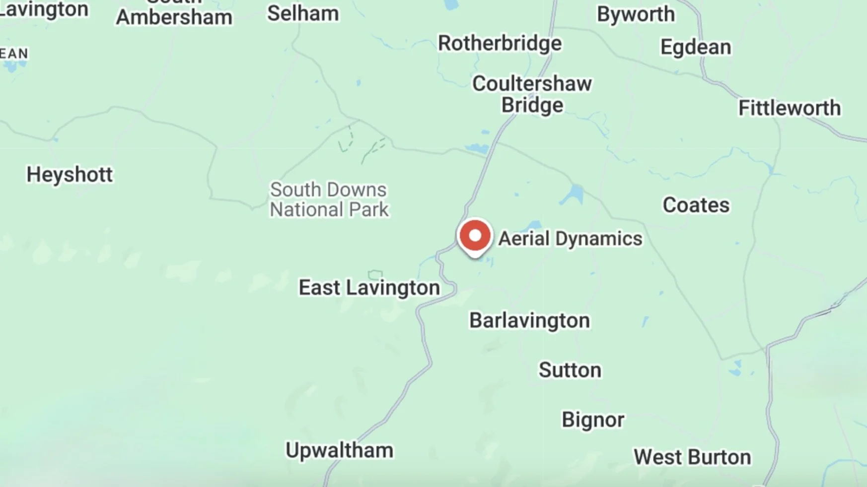 Map showing a location called Aerial Dynamics near East Lavington, with surrounding areas including South Downs National Park, Heyshott, and Barlavington.