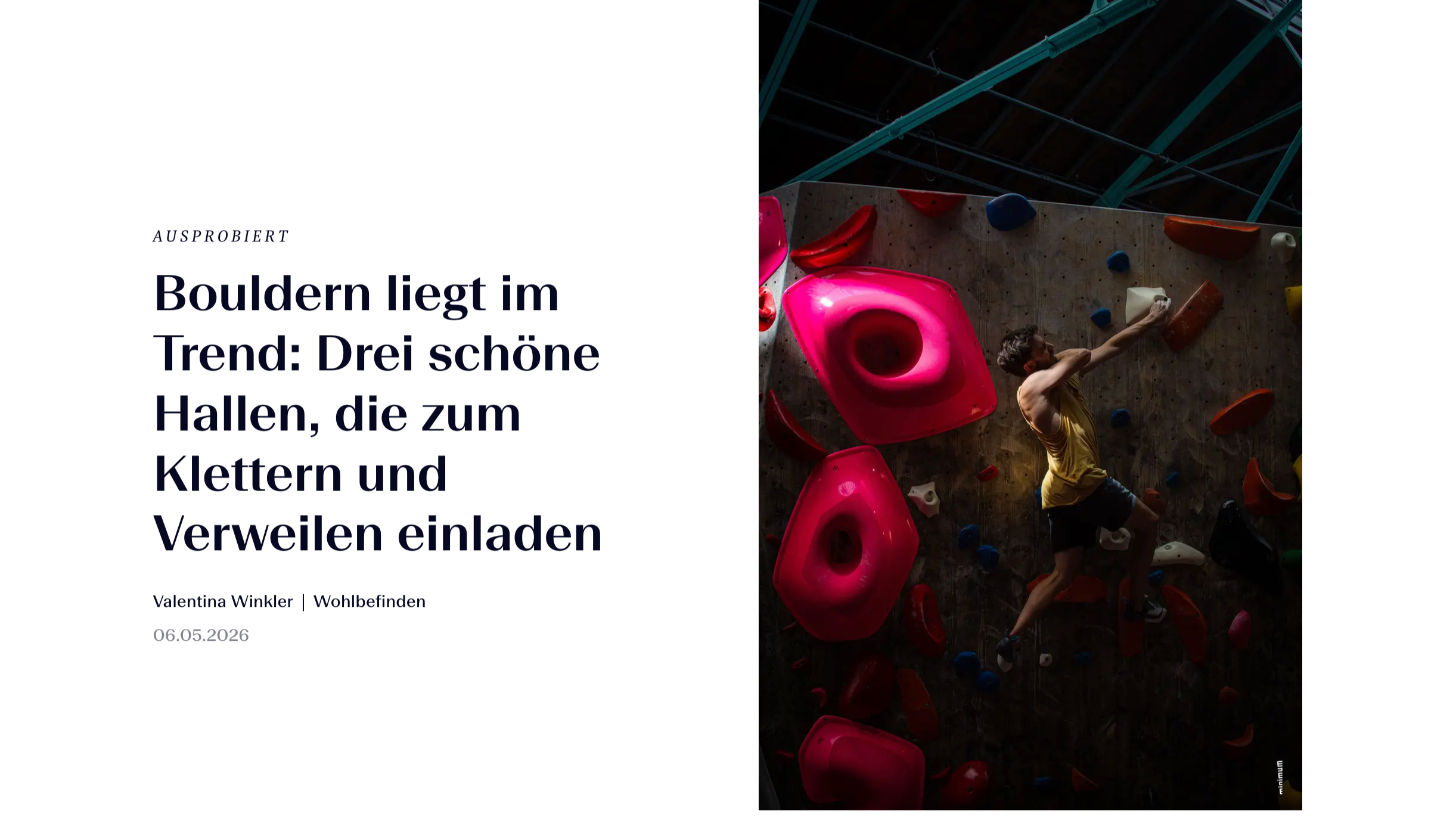 A magazine or article layout showing a man climbing an indoor rock climbing wall with various colorful holds, including large pink holds and smaller blue, orange, and white holds, in a dimly lit climbing gym with a high ceiling and exposed beams.