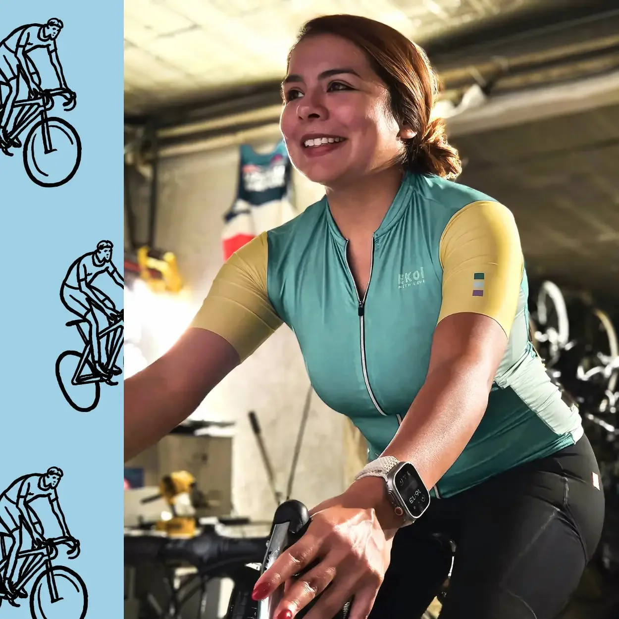 Woman in cycling kit on a bike on a trainer.