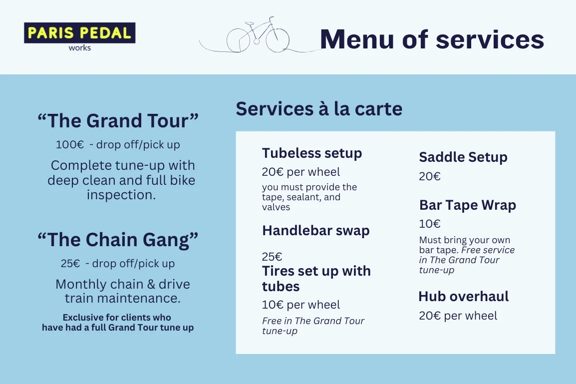 Paris Pedal Works menu of bike services
