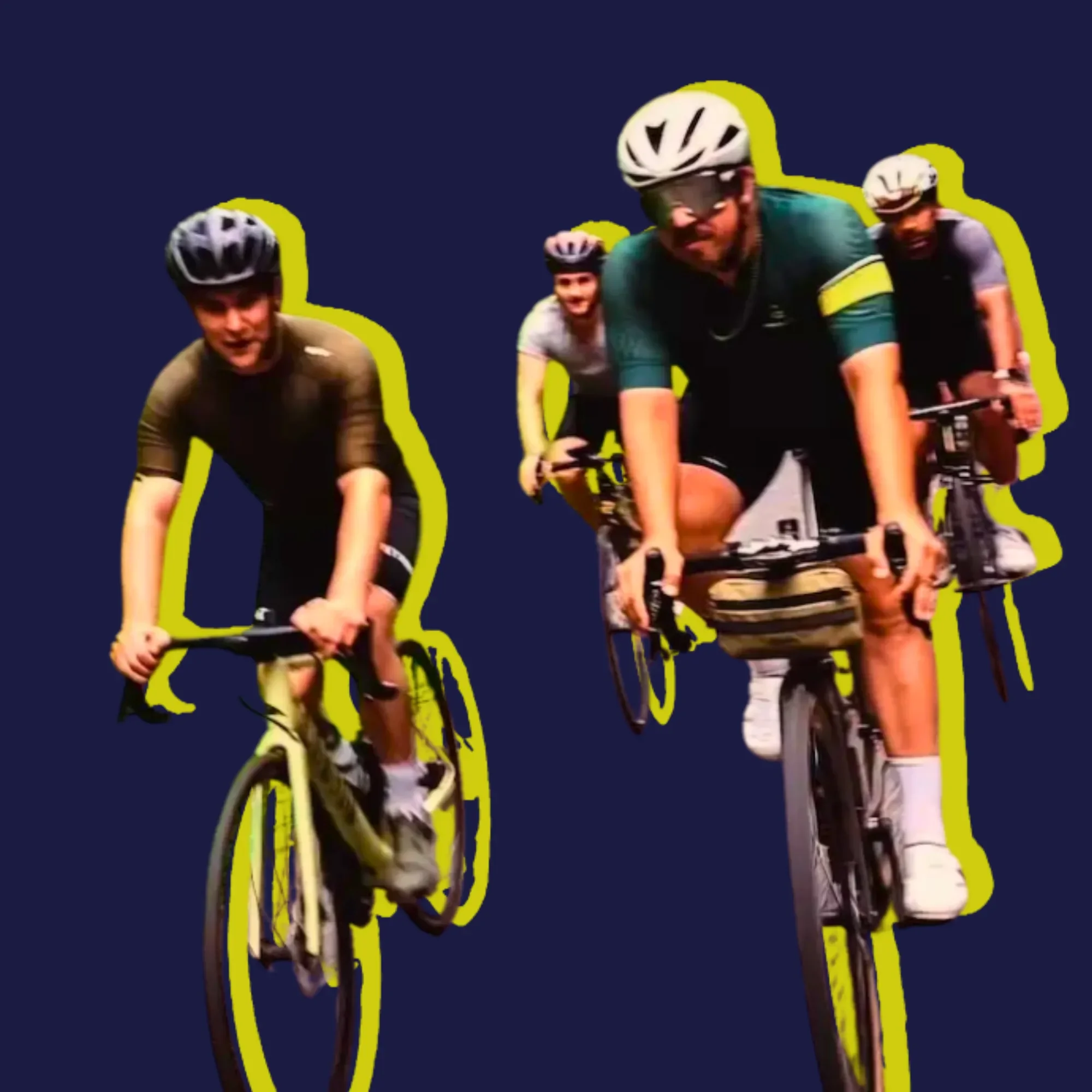 Cyclists against a purple background