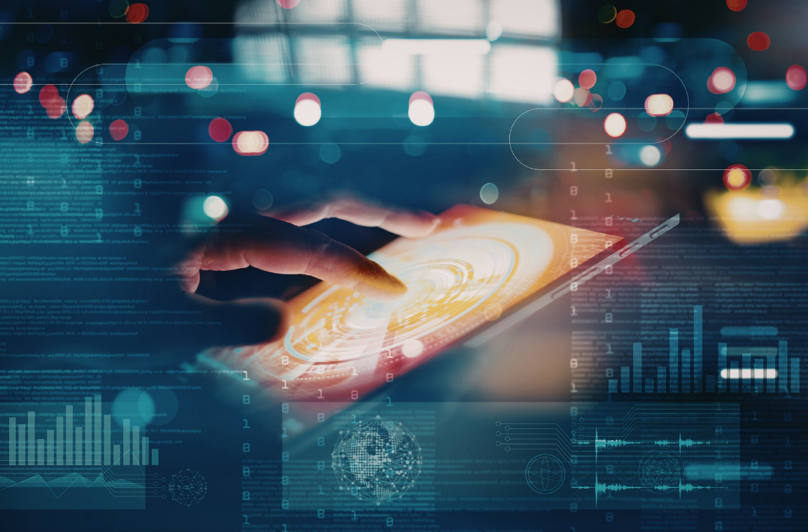 Close-up of a person's hand touching a glowing digital interface on a tablet, with futuristic data visualizations and graphs overlayed.
