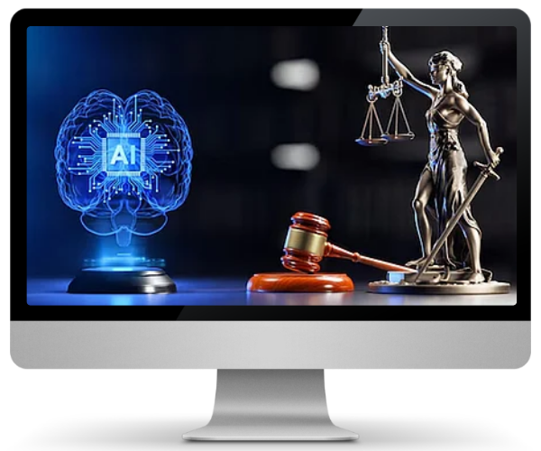A digital image on a computer screen showing a glowing blue AI brain with circuits, and the statue of Lady Justice holding scales and a sword, alongside a judge's gavel.