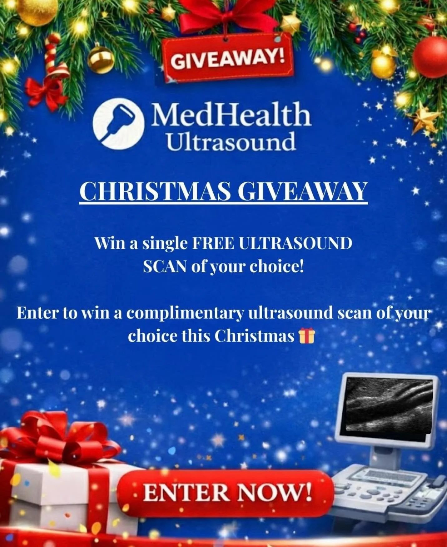 🎄 CHRISTMAS GIVEAWAY 🎄
 We&rsquo;re spreading some festive cheer at MedHealth Ultrasound!
🎁 WIN a FREE medical ultrasound 🩺 Winner receives ONE single ultrasound of their choice

✨ How to enter: 1️⃣ Follow @medhealthultrasound 2️⃣ Like this post 