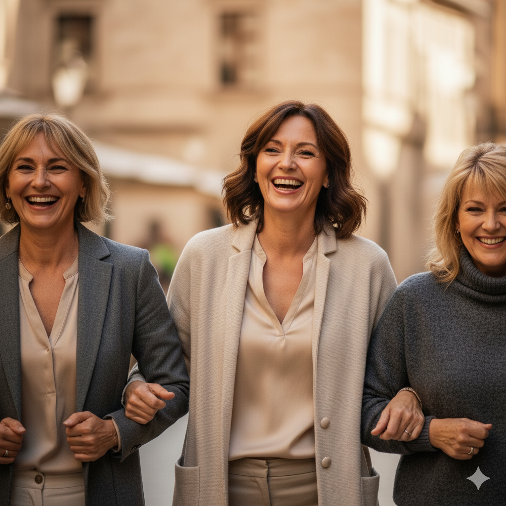 Three women walking arm in arm and laughing outdoors in an urban setting for a private ultrasound scan in Portsmouth.