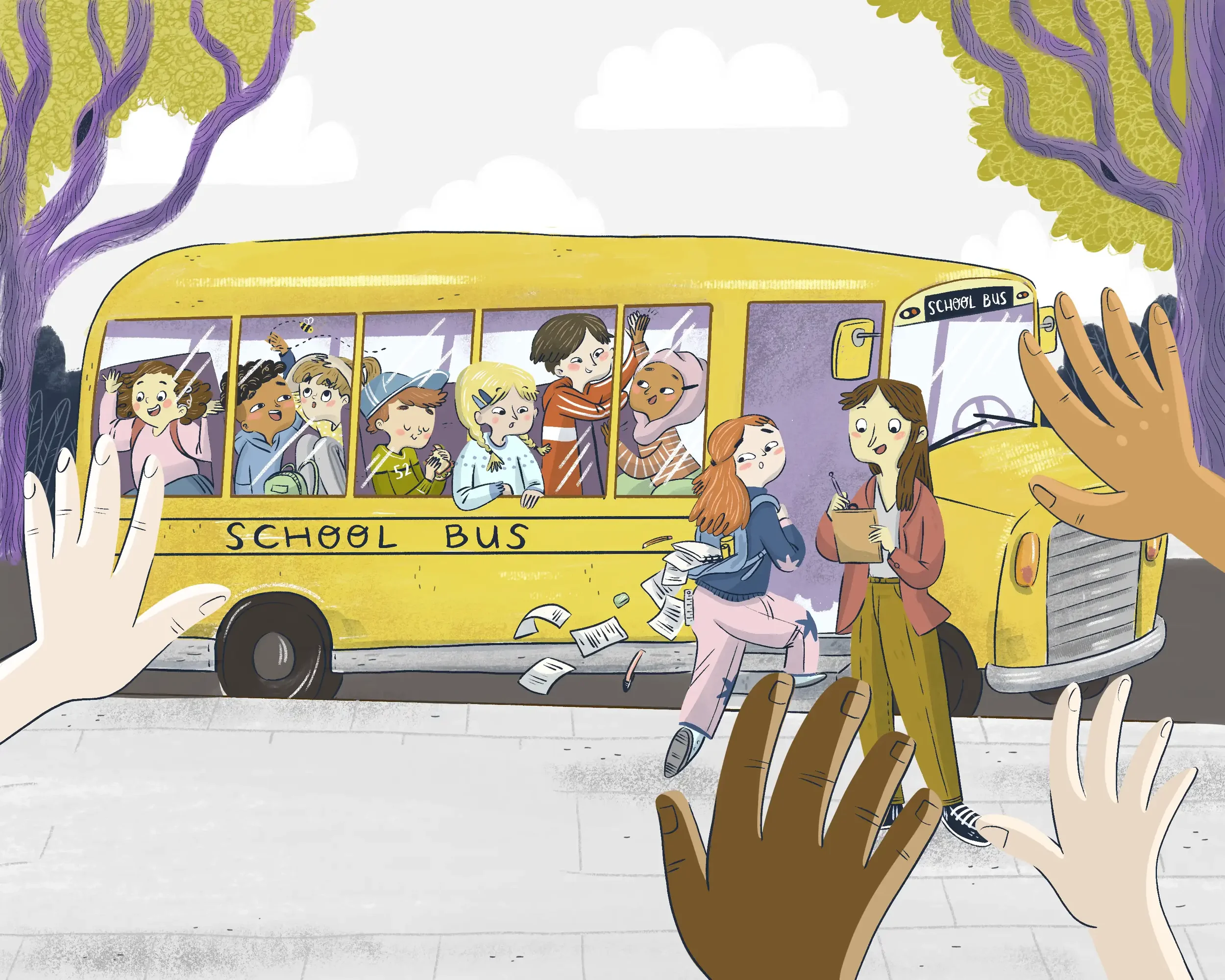 Children arriving at a yellow school bus, some entering while others are already on the bus, with hands of different skin tones reaching towards the scene from the foreground.