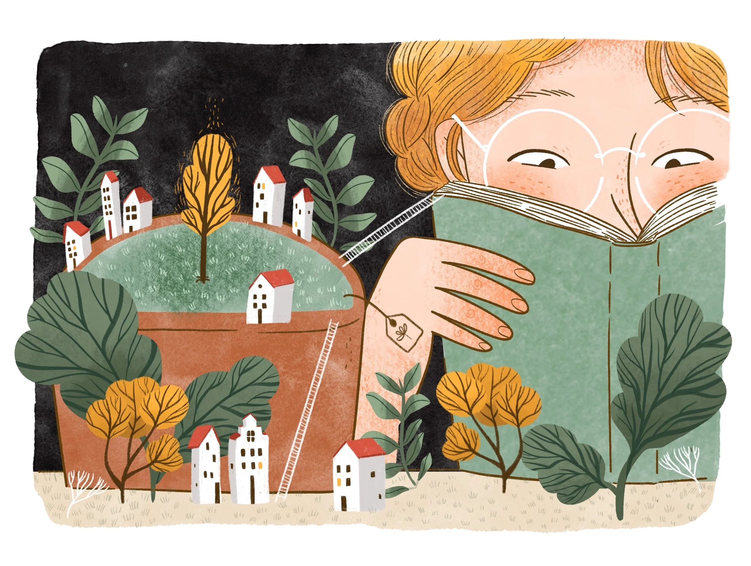 An illustration of a woman with glasses and tan hair reading a book, surrounded by plants and a small terraced landscape with tiny white houses with red roofs, green trees, and a black background.