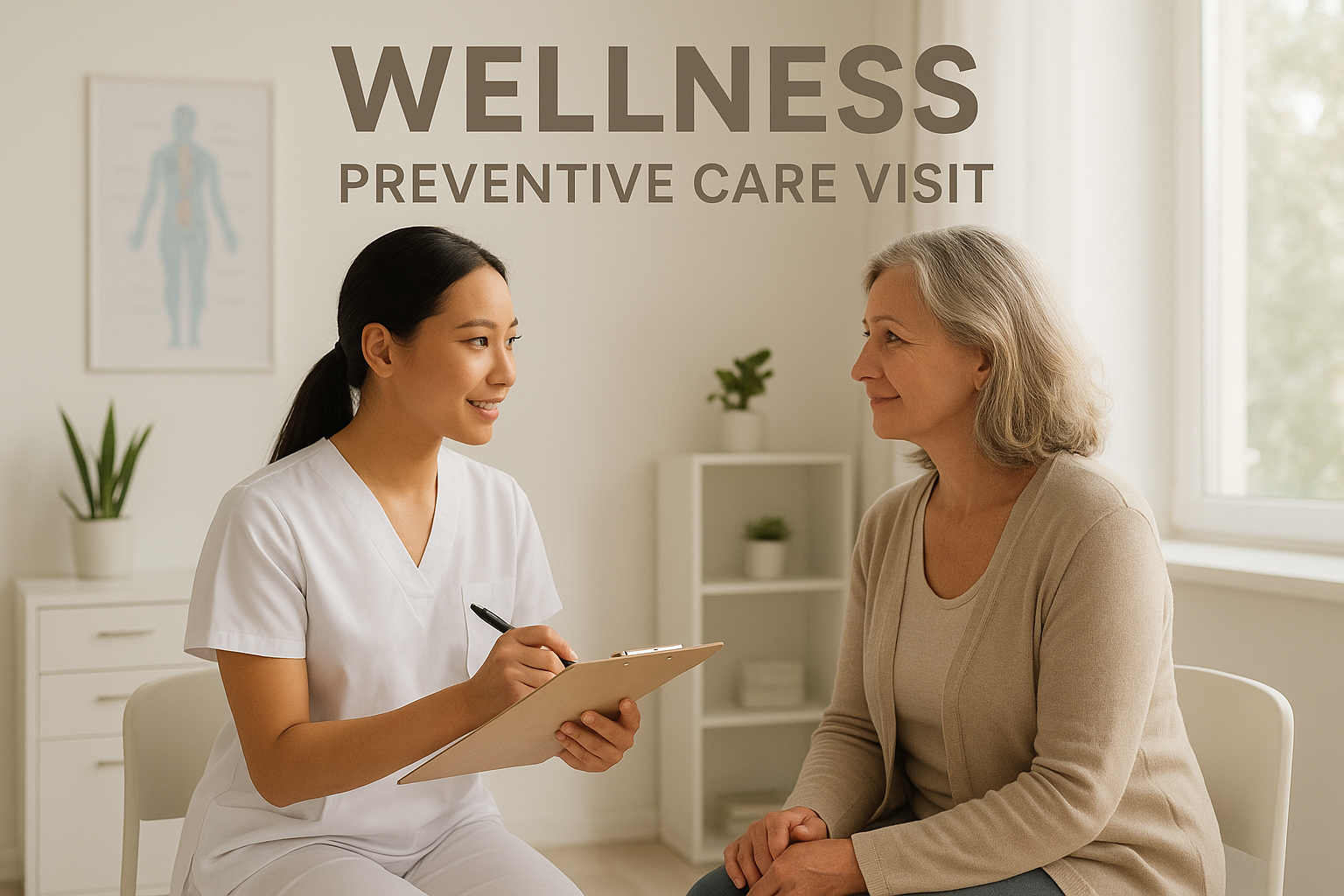 A healthcare professional taking notes while speaking with an older woman in a wellness clinic, with a sign that reads 'WELLNESS PREVENTIVE CARE VISIT' in the background.