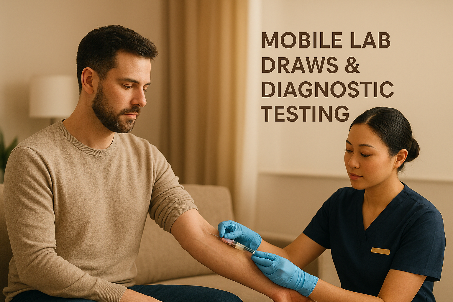 A male patient receiving a blood test from a nurse in a medical setting. The nurse is wearing blue gloves and holding a syringe as she prepares to draw blood from the man's arm.