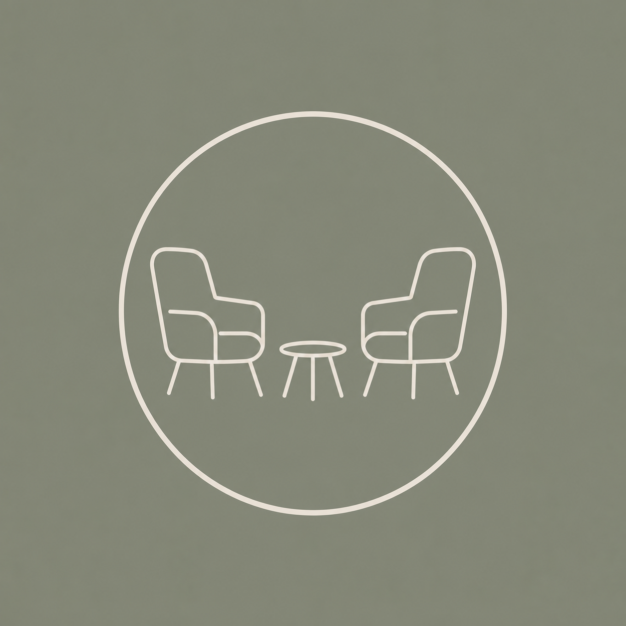 Minimalist line drawing of two chairs facing each other with a small table between them, enclosed within a circle.
