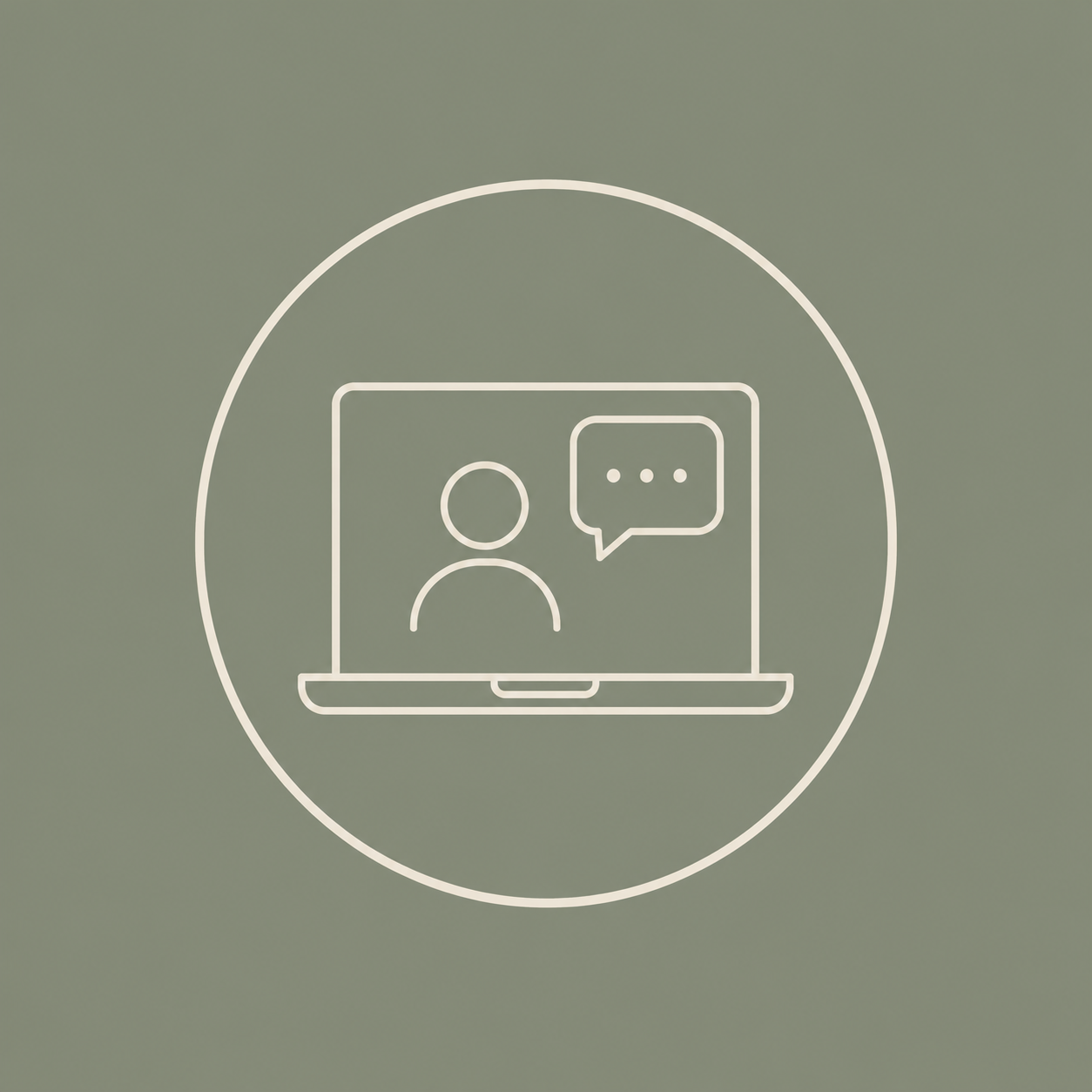 Digital icon of a person on a computer screen with a speech bubble, enclosed in a circle, on a muted green background.