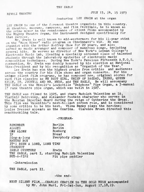 Rivoli Event Program. Silent Film Screening of The Eagle with live organ performance by Lee Erwin, July 13-15, 1973 (Courtesy of Jill Clark)