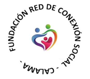 Logotipo de la Fundación Red de Conexión Social, que muestra figuras humanas en colores azul, verde y rosa formando un corazón, con texto circular alrededor que dice 'Fundación Red de Conexión Social CALIMA'.