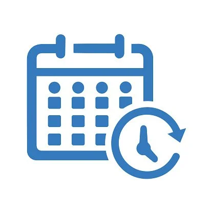 Icono de calendario con un reloj en la esquina inferior derecha.
