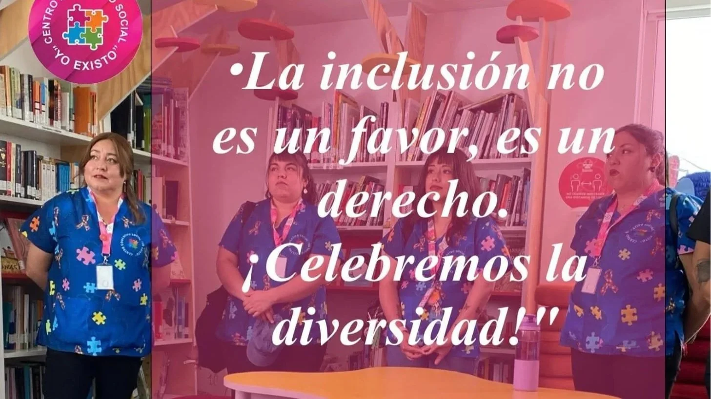 Personas en una biblioteca con uniforme de cuidado, con texto que celebra la diversidad y la inclusión.
