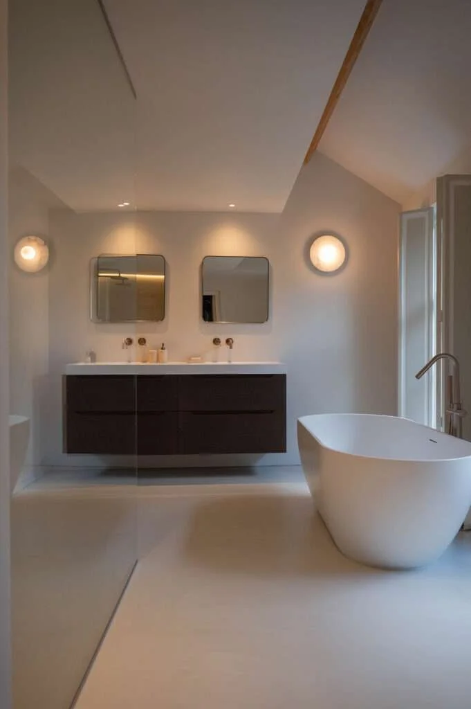 Salle de bain moderne avec baignoire autoportante, miroir double vasque, et éclairage doux.