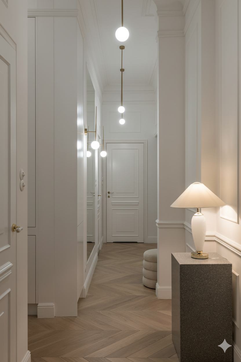 Entrée d'un couloir élégant avec des murs blancs, un parquet en bois clair, un lampadaire blanc sur une table en pierre, et des plafonniers arrêtés par une suspension en forme de sphère.