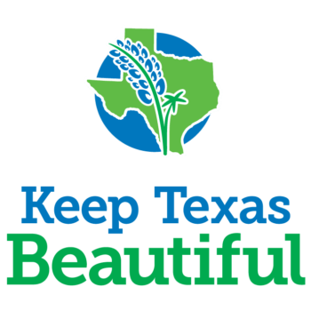 Illustration of the state of Texas with a green plant inside a blue circle, and the text 'Keep Texas Beautiful' below.