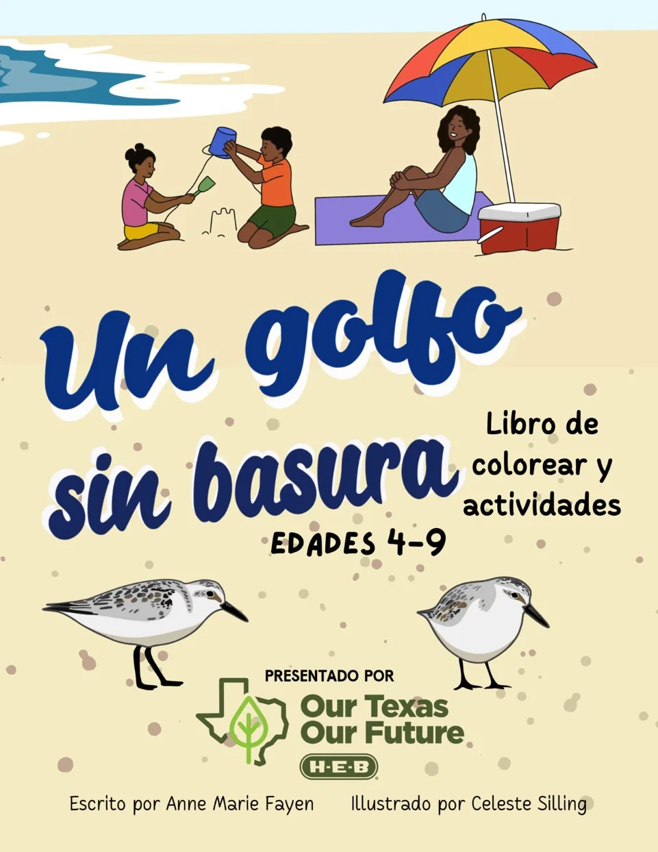 Cover of a children's coloring and activity book titled 'Un club sin basura' for ages 4-9, featuring an illustration of children playing on a beach, with birds and a logo for 'Our Texas Our Future.'