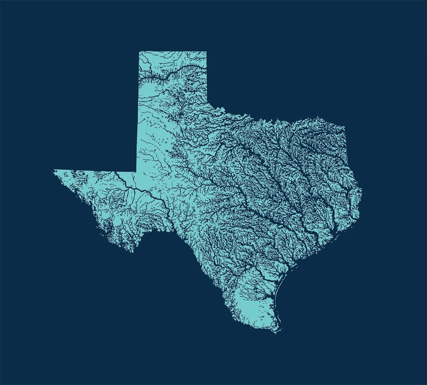 Map of Texas showing river systems in blue on a dark background.