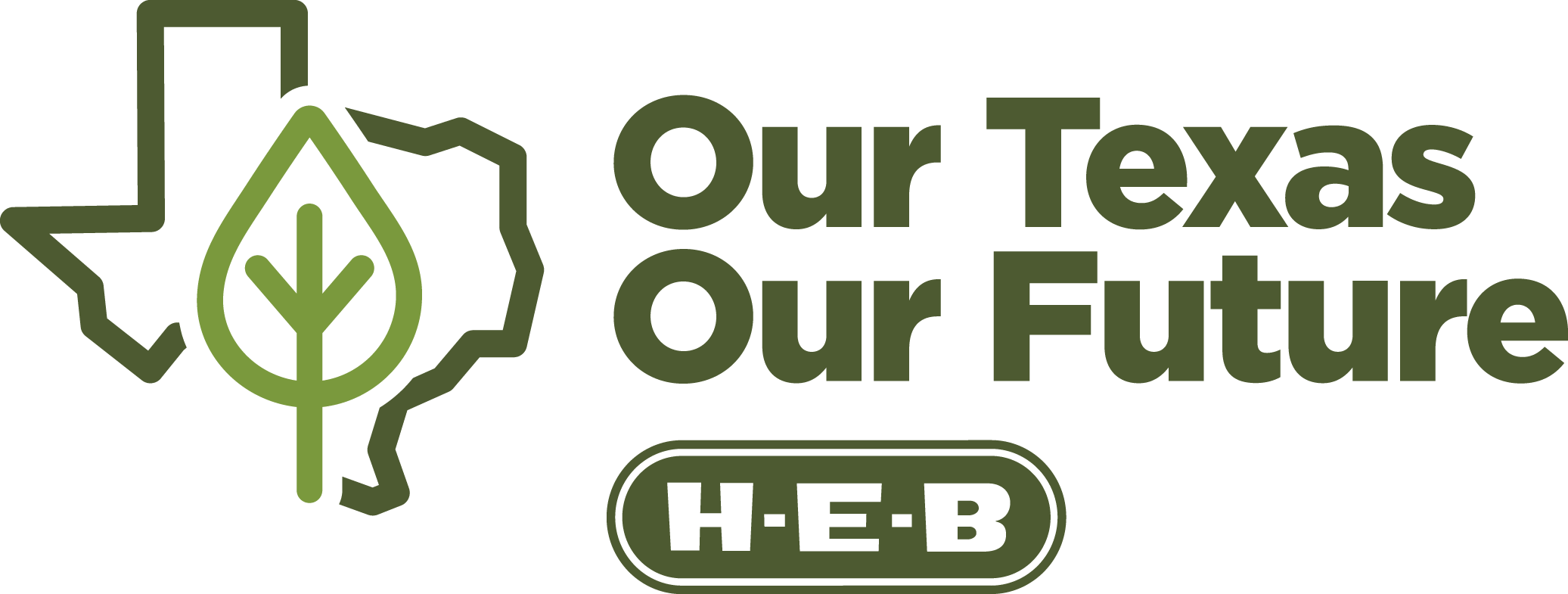 Logo with a outline of Texas and a leaf inside a gear, and the text "our Texas our Future" with "H-E-B" below.
