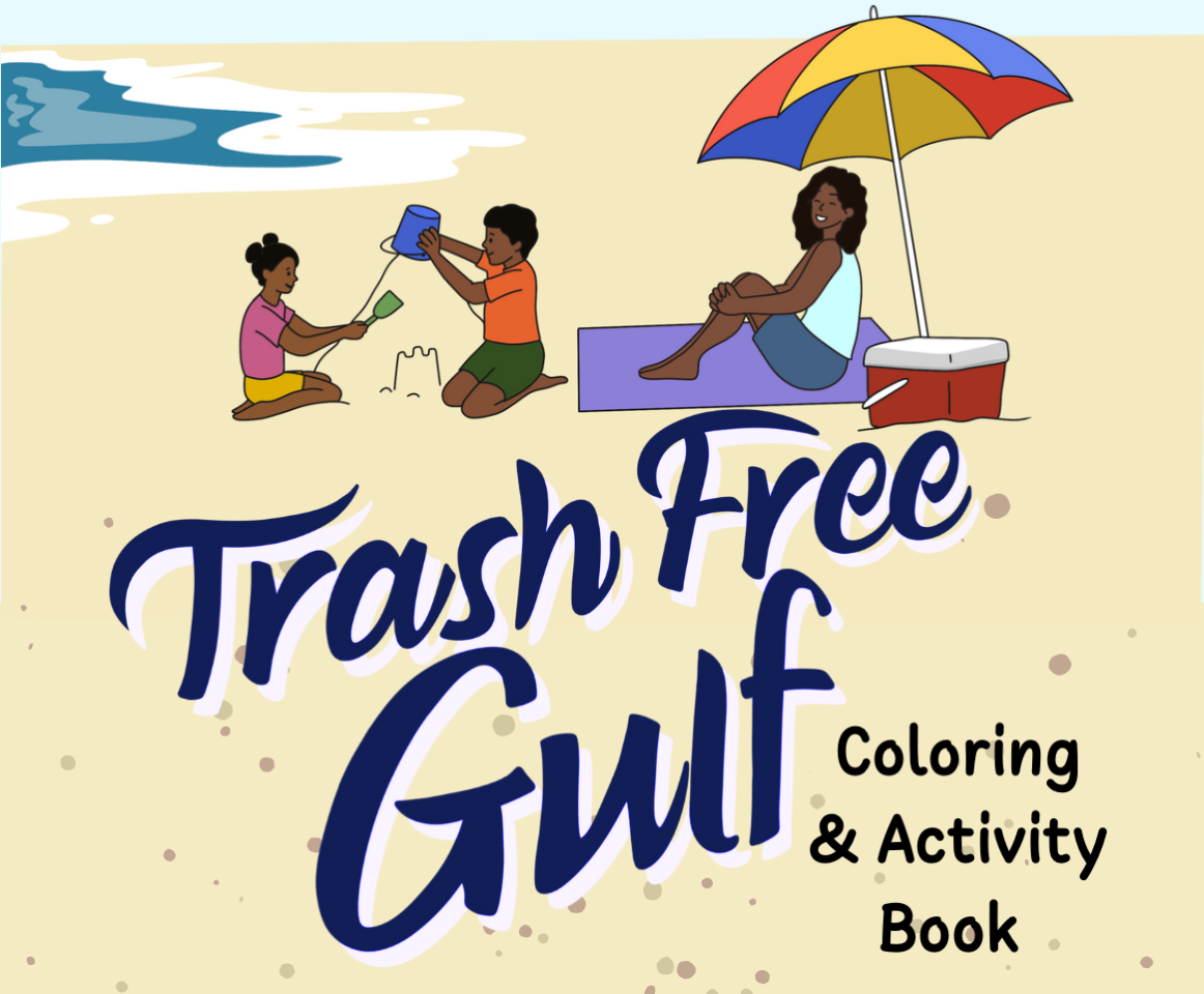 A beach scene illustration featuring children building a sandcastle and a woman relaxing under a colorful umbrella, with the text 'Trash Free Guilt Coloring & Activity Book' in large, playful font.