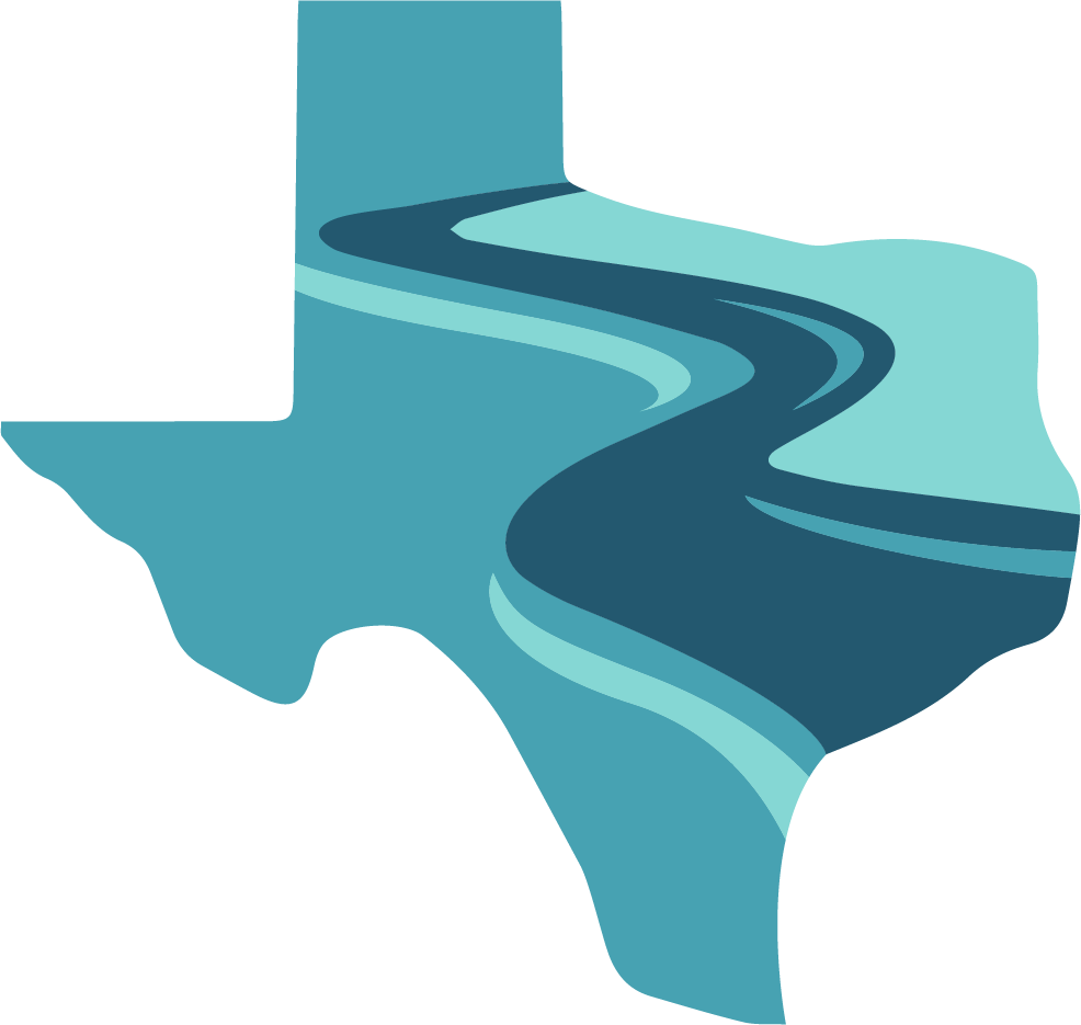 Illustration of the map of Texas with a winding river running through it, represented in shades of blue.