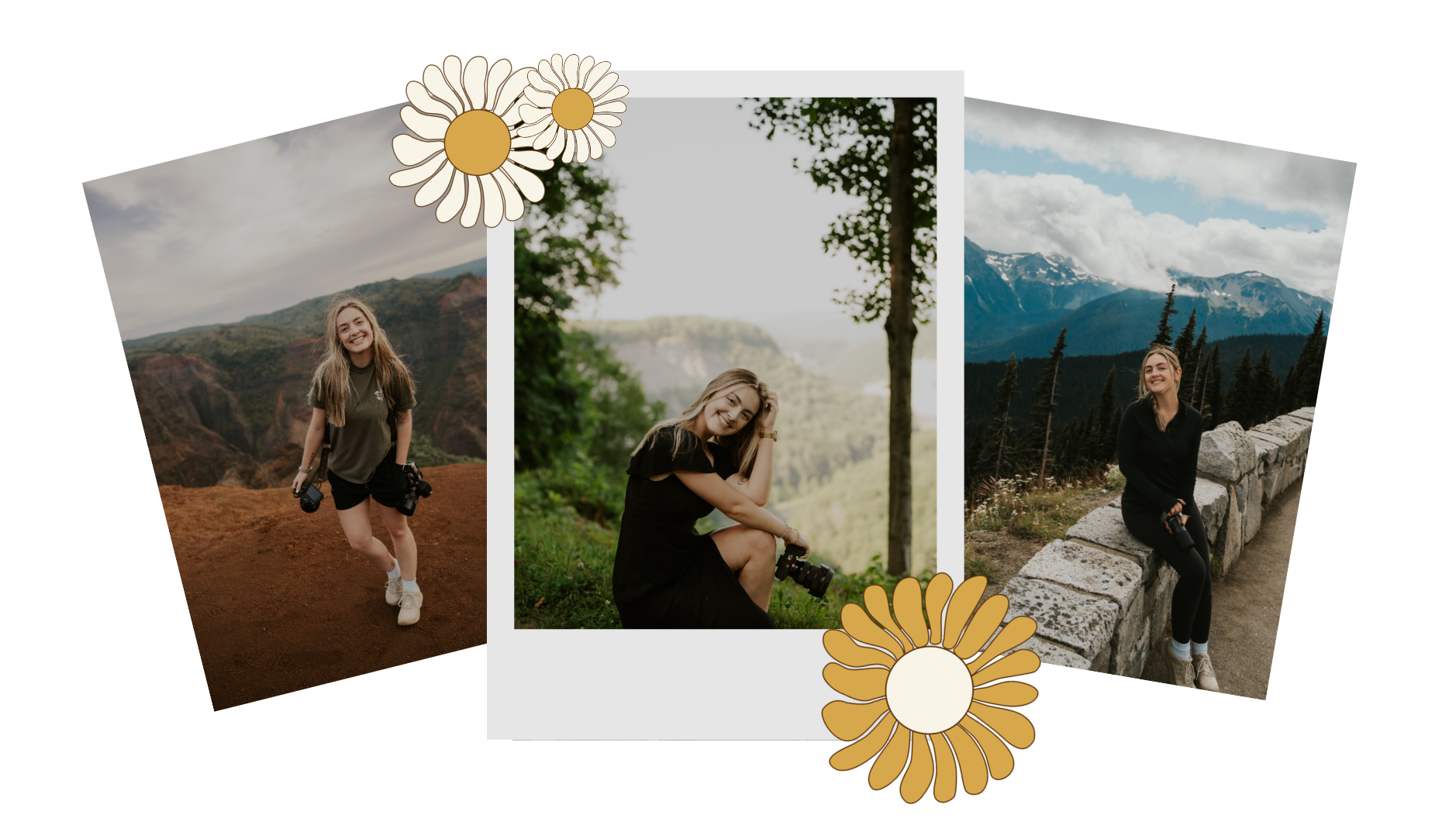 Three women posing outdoors with cameras, framed by decorative flowers, in scenic mountain and forest locations.