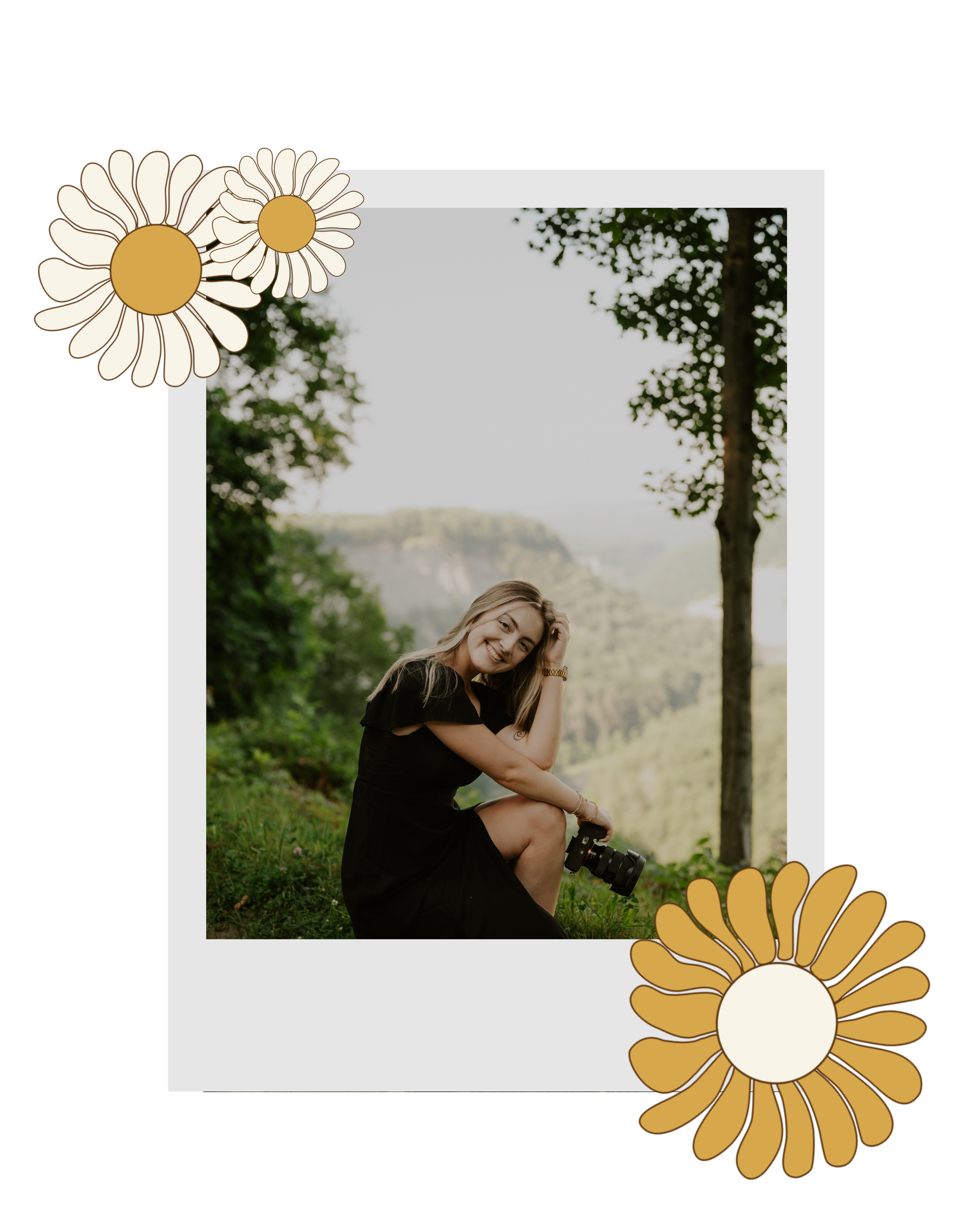 A woman sitting outdoors near a tree, holding a camera, smiling, with scenic mountains in the background, decorated with floral overlays.