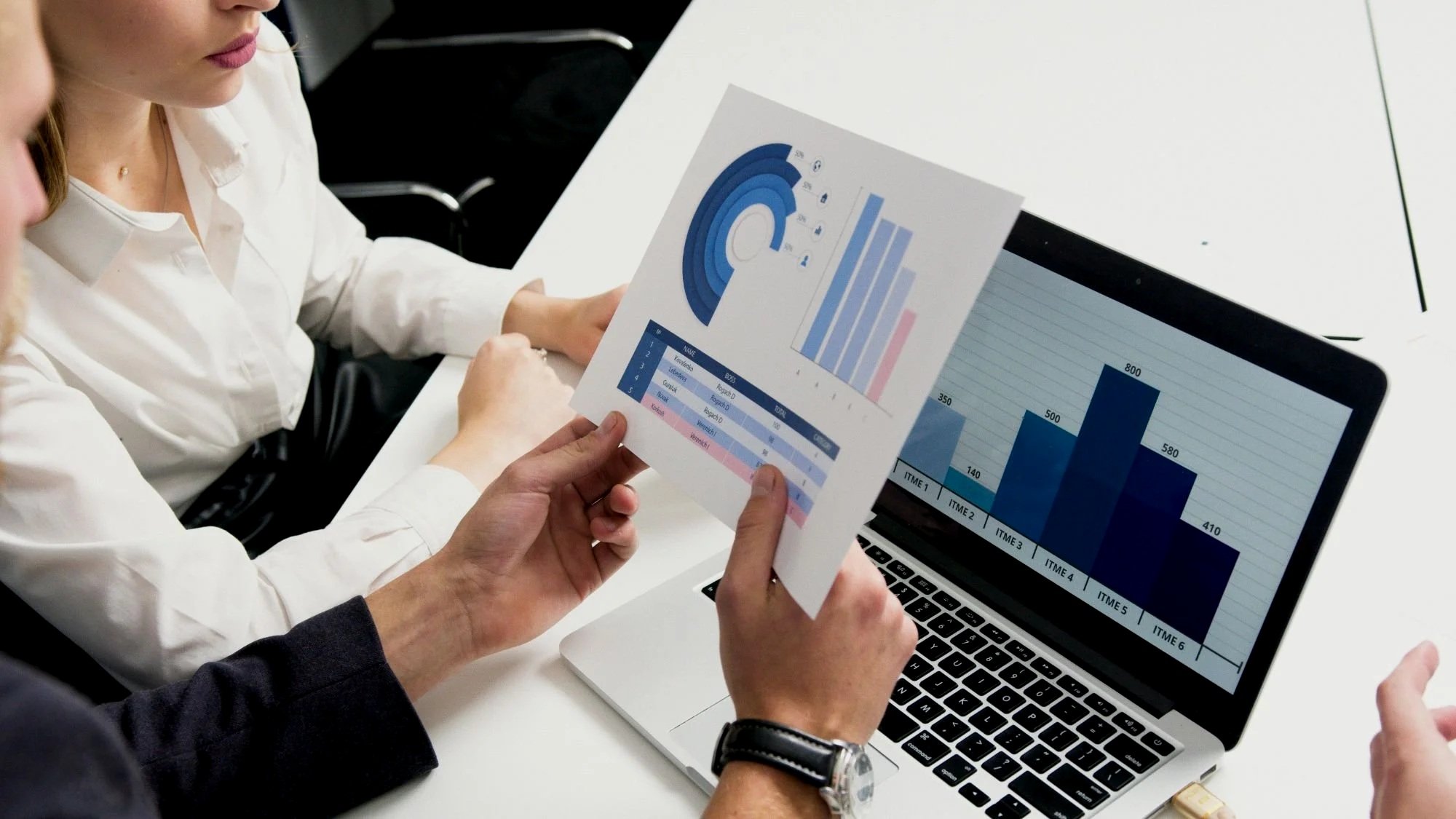 People reviewing printed and digital financial or business charts, including bar graph and radar chart, on a laptop and paper during a meeting.