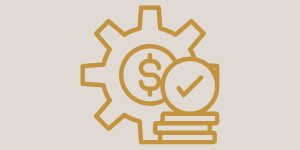 A gear with a dollar sign inside, a checkmark in a circle, and stacked coins, representing financial or business concepts