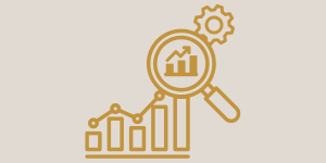 Line graph with upward trend, magnifying glass over a bar chart and a gear icon, symbolizing growth analysis and analytics.