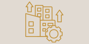 Illustration of buildings with upward arrows and a gear, representing growth or development.